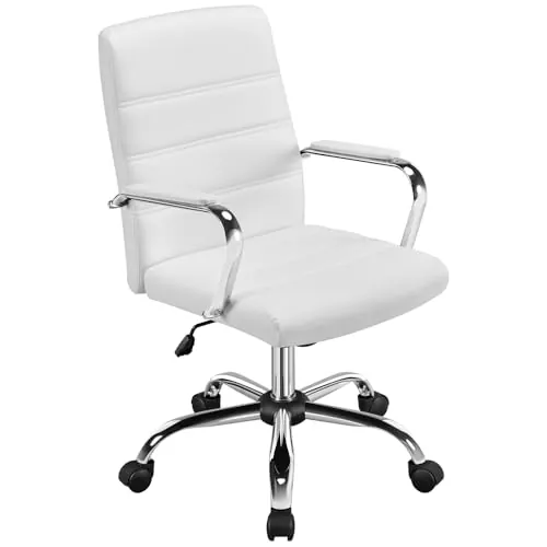 Yaheetech Silla Escritorio Giratoria de Oficina Silla Ergonomica Escritorio con Respaldo Tapizado Asiento Sintético Altura Ajustable Blanco