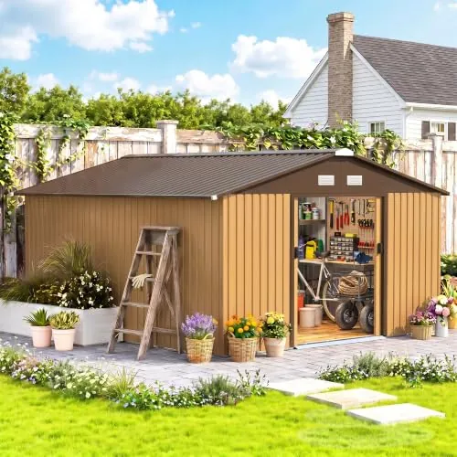 Outsunny Caseta de Jardín Exterior 12,4 m² 340x386x200 cm Ocre Oscuro