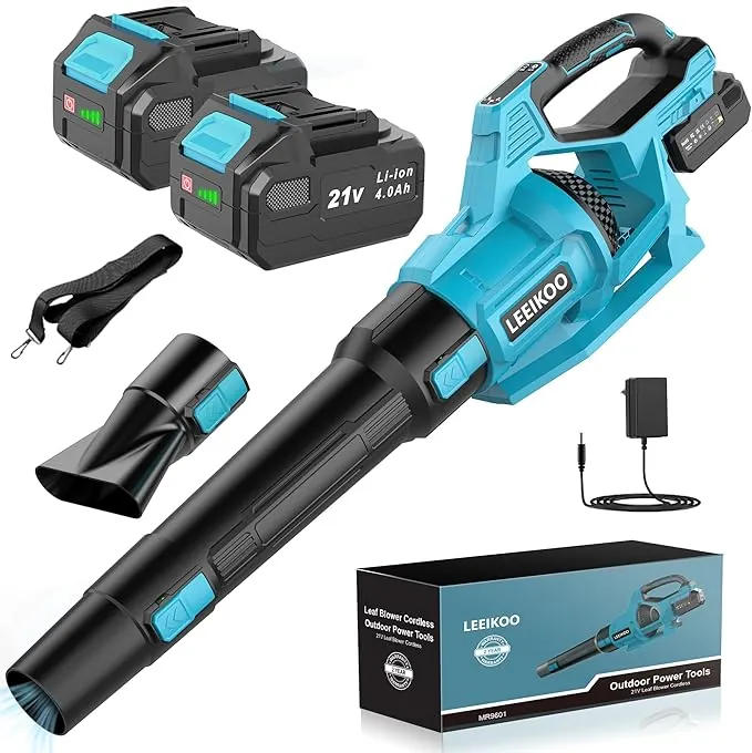 LEEIKOO Soplador de Hojas, Soplador Bateria 21V con 2 Baterías de 4.0Ah, 3 Ajustes de Velocidad, 2 Tubos de Soplado, Correa para el Hombro para Soplar Hojas, Nieve, Polvo y Residuos