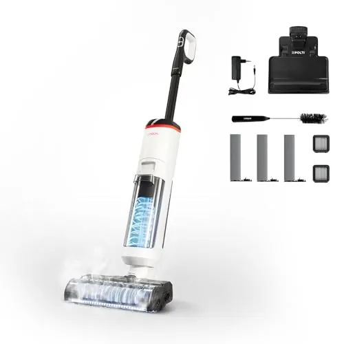 Polti Rollysteam WD50C, Fregasuelos y Aspiradora Sin Cable | Con función de vapor, potencia 450 W, aspira, lava, desinfecta también simultáneamente, sin cable, autolimpieza, blanco
