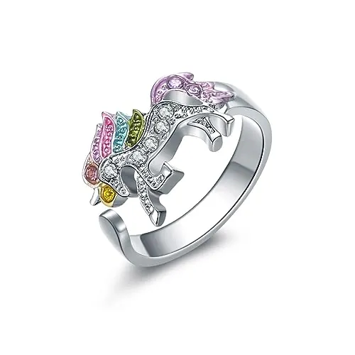 Clataly Anillo de unicornio arcoíris con apertura de diamantes de imitación, ajustable, diseño de unicornio para niñas, talla única, Metal, Diamantes de imitación