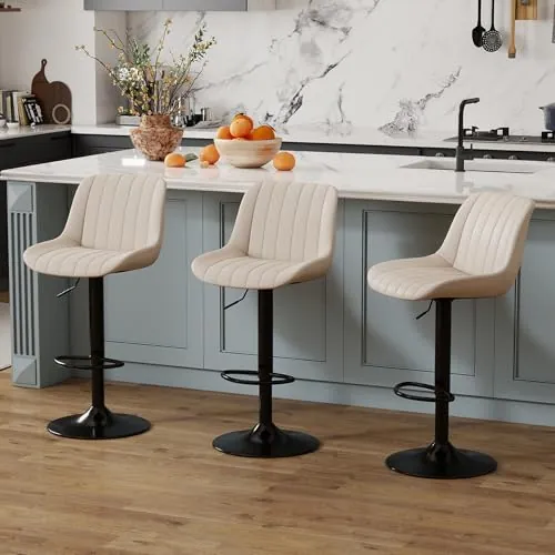 Youhauchair Taburetes Altos de Cocina Juego de 3, Taburete de Bar Giratorios de Altura con Respaldo, Taburete Alto Ajustable de Cuero PU, Taburete Cocina Moderna, Beige
