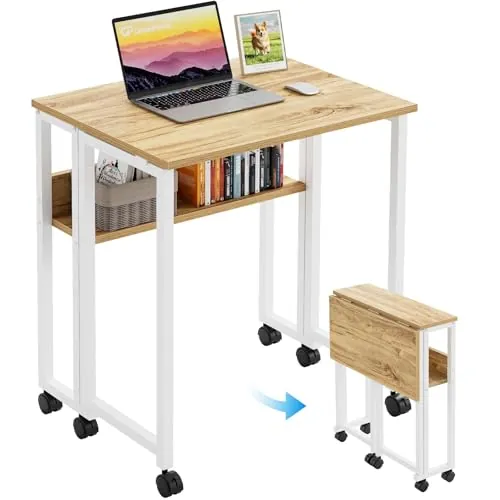 GreenForest Escritorio Plegable con Ruedas, 63x50cm Mesa Plegable Ordenador | con Estante Ahorra Espacio, Mesa de Computadora Portátil Fácil de Montar para Oficina en Casa, Estudio, Manualidades, Beige