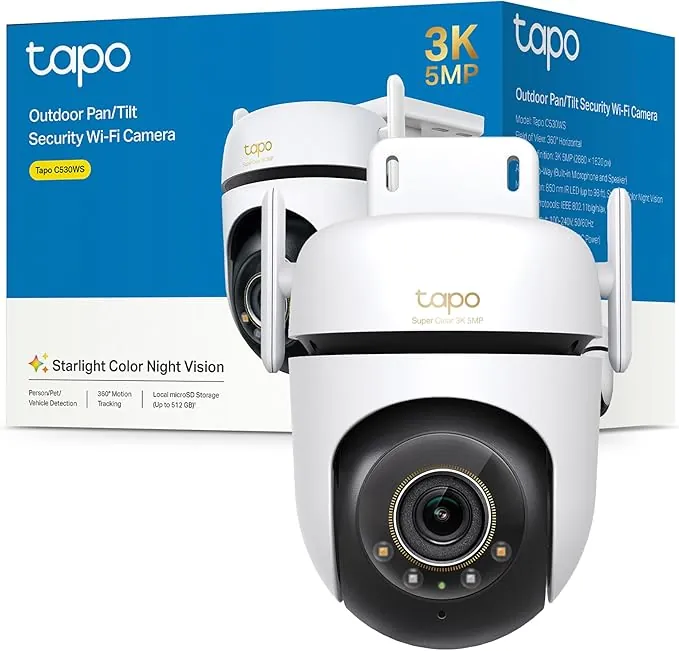 Tapo C530WS - Cámara Seguridad Exterior 360° 3K 5MP, Visión Nocturna Color, Resistencia IP66, Alarma Sonora/Luz, Detección AI, Almacenamiento Nube/SD 512GB, Audio Bidireccional