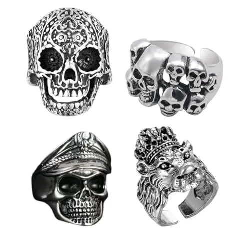CFEWV 4 Piezas Anillos Hombre Anillo Calavera, Acero Inoxidable Calavera Anillo, Punk Rock Gótico Cráneo Joyería, Vintage Calavera Y Serpiente Joyería, Para Halloween Y Fiestas Temáticas (A)