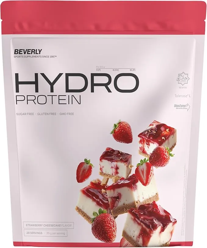 Beverly HYDRO PROTEIN – Proteína Hidrolizada de Suero con DigeZyme® y Tolerase® | 29 g Proteína por Ración | 1 kg (28 Servicios) | Alta Digestibilidad (Tarta de queso fresa)