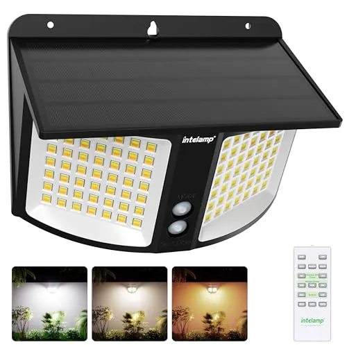 intelamp Luz Solar Exterior con Sensor Radar, 1200LM 196 LED Lámpara Solar de Pared, 3 Colores Regulable, Batería 4000mAh Alta Capacidad, IP65 Impermeable para Jardín y Entrada