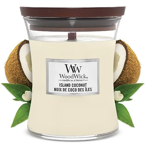 WoodWick Vela perfumada hourglass mediana | Coco isleño | con mecha crepitante | Tiempo de combustión: hasta 60 horas