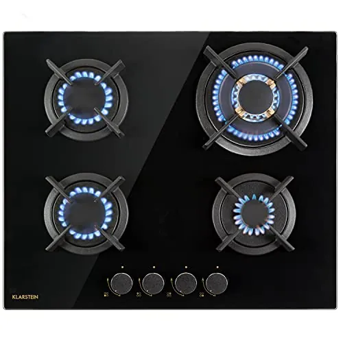 Klarstein Cocina de Gas Butano, Placa de Gas 4 Fuegos 8000W, Placa Vitroceramica Integrada para Cocina, Butano de Diseño, Encimera de Fogones con Base de vidrio y Acero Inoxidable