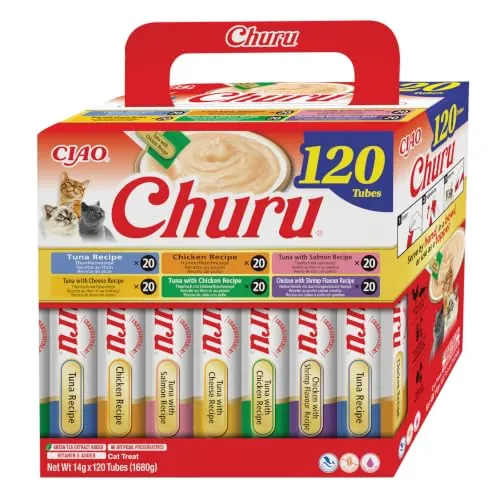 INABA Churu Snack para Gatos, Multipack Pollo y Atún, 120 x 14g | Snack Suave y Cremoso, Delicioso y Saludable, Sticks para Lamer, Complemento para la Comida en Puré, Natural, Sin Cereales
