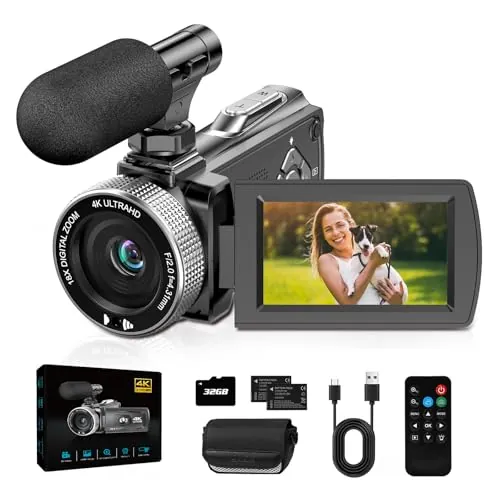 Camara de Video 4K 30FPS Videocamara 48MP, 18X Digital Zoom Camara Video, Pantalla de 3.0'' y 270° Vlogging Cámara para Youtube, Tarjeta de Memoria de 32 GB, Control Remoto, Micrófono y 2 Baterías