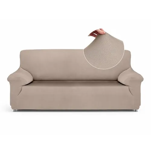 Textilhome Funda Sofá Elástica TEIDE 3 Plazas Ajustable Protector Beige