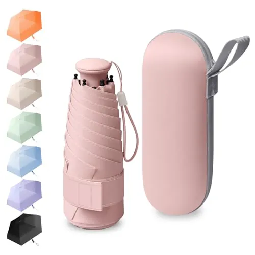 BEKKLPOU Mini Paraguas De Bolsillo, Paraguas Plegable Antiviento, Paraguas Para El Sol, Desplazamientos Diarios, Incluye Caja De Almacenamiento, Asa Retráctil, Unisex (Rosa flor de cerezo)
