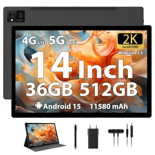 LEVIRTU Tablet 14 Pulgadas Android 15 Tableta 2K FHD 36GB+512GB/TF 2TB, Octa-Core, 11580mAh, Dual SIM 4G LTE+5GWiFi, 4 Altavoces/GPS/13MP Cámara/BT5.0 Funda/Pen, Negro