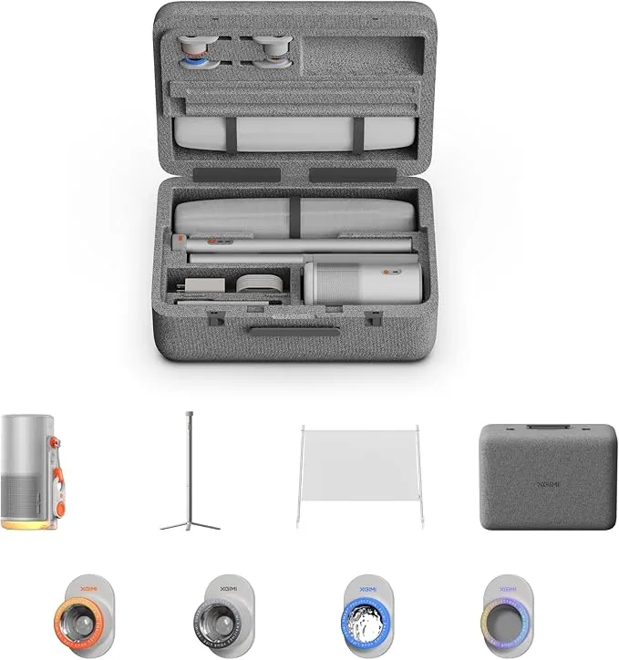 XGIMI MoGo 4 Laser Proyector Kit para Exteriores, Incluye 4 Filtros, Soporte PowerBase con Batería, Pantalla de 70", Funda de Transporte, 550 Lúmenes ISO, Autonomía 5h, Google TV con Netflix Oficial