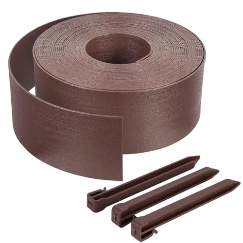 VOUNOT® Borde Jardín Césped Borde, Bordillo Escondido Flexible de PE Aspecto Natural, Longitud 20 m Altura 13 cm Espesor 3 mm con 12 Estacas de Anclaje, Marrón