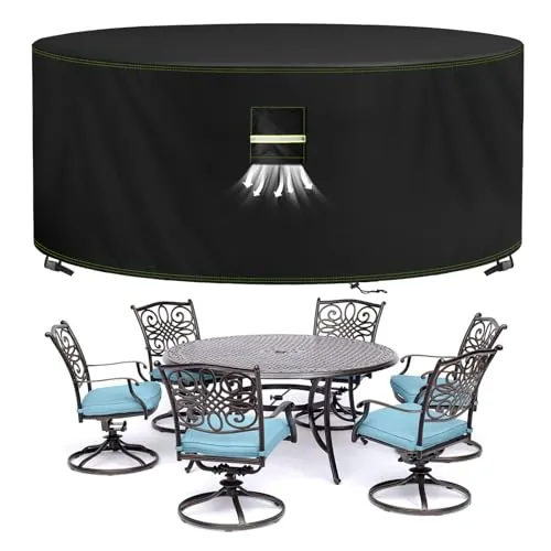 VDISRR Funda Mesa Exterior Impermeable Ø200 x 74 cm, Tela Oxford 420D Funda Protectora Muebles de Jardin Cubre Mesa y Sillas Exterior con Salida de Aire Anti-UV, Antivento, Antipolvo