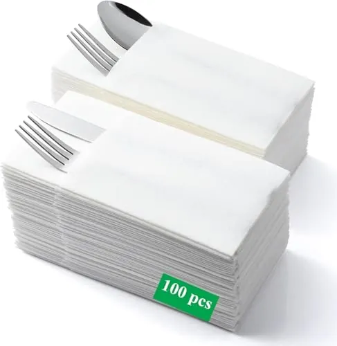 LEKOCH 100 pcs Servilletas Papel para Cubiertos de Preminum Servilletas Papel Efecto Tela Blancas Rectangulares para Bodas, Navidad, 43 x 30 cm