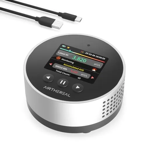 Detector de radón portátil Airthereal – Almacenamiento de 504 días, Pantalla LCD a Color, Resultados rápidos en 6 Horas, batería de Larga duración, alarmas acústicas y visuales – versión 2025
