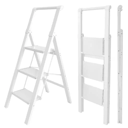 UZIRO UZIRO Escaleras Plegables 3 Peldaños, Escalera de Aluminio 3 Peldaños Anchos, Sistema Antideslizante, Muy Liviana y Facil de Guadar