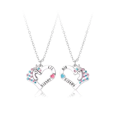 2 PCS BFF Collares de Unicornio, Collares de Amistad Corazón de Hermana Mayor y Hermana Pequeña, Best Friends Collares Bling, San Valentín Joyería de Unicornio para Mujeres Niñas Amigos Hermanas
