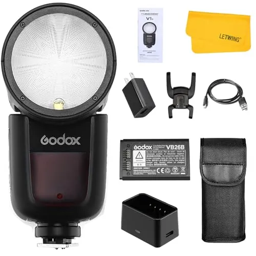Godox V1N Flash para Nikon, 1/8000 HSS 2.4G Inalámbrico X Sistema Li-Ion Batería, Cabezal Redondo sobre Cámara Flash Speedlight para Nikon Adecuado para Fotografía de Estudio/Retrato/Boda