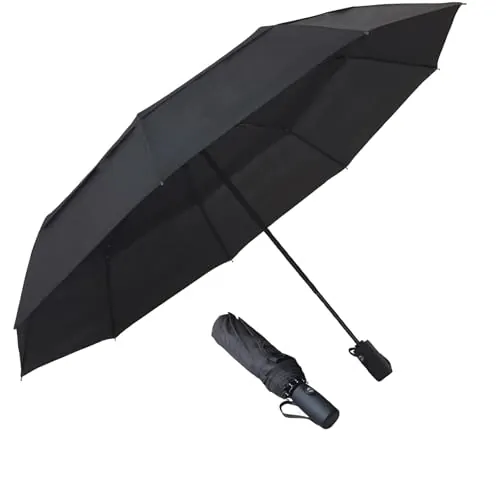 AMVUZ Paraguas Plegable de Viaje Compacto Automático a Prueba de Viento (Doble Negro)