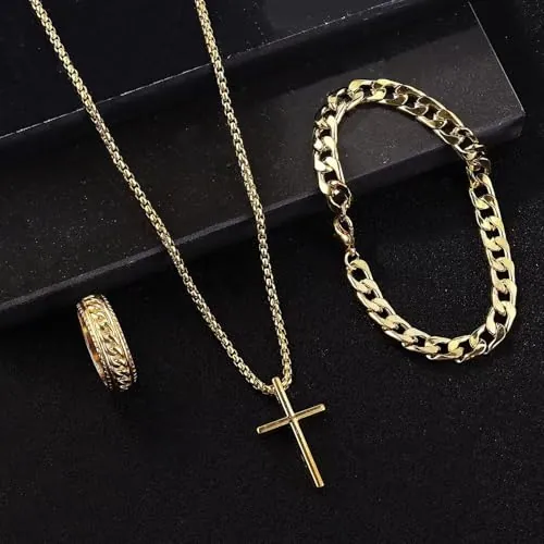 Juego de 3 piezas de joyería de cruz para mujeres/hombres, collar, pulsera y anillo, colgante de cruz religiosa, uso diario, accesorios de moda para regalo, Adjustable, Metal, Sin piedras preciosas