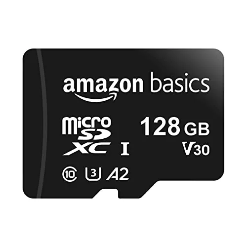 Amazon Basics Tarjeta de memoria microSDXC con adaptador de tamaño completo, A2, U3, velocidad de lectura de hasta 100 MB/s, 128 GB, negra