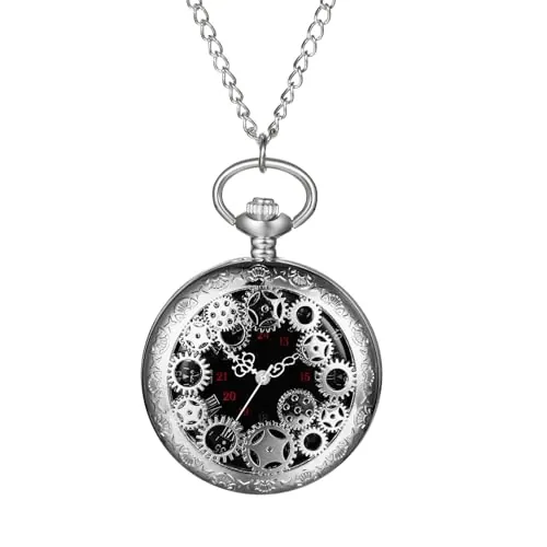 OIDEA Relojes Bolsillo Analógico Unisex: Reloj Bolsillo de Cuarzo para Hombre y Mujer Decoración de Engranajes Escala de Número Arábigo Cadena de Cintura Plata - para Uso Diario Colecciones Regalo