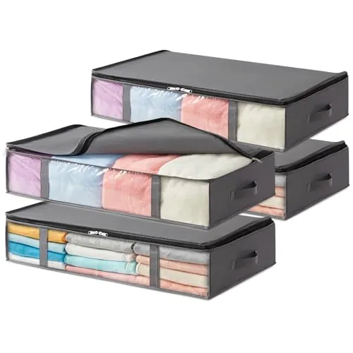 Lifewit Bolsas de Almacenaje para Debajo de la Cama, Cajas para Guardar Ropa con Ventana Transparente Frontal, Organizadore Armario para Toallas, Mantas, Gris, 65 L, 4 Piezas