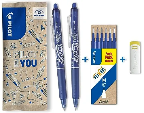 PILOT - Caja de 2 FriXion Ball Clicker + 1 Set de 6 recambios + 1 goma -Bolígrafo retráctil borrable con tinta termosensible - Rollerball recargable y ergonómico - Azul - Punta Media