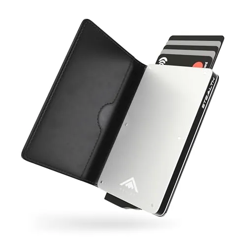 Stealth Wallet Tarjetero Hombre con Protección RFID - Cartera Tarjetero con Pop Up y Caja de Regalo - Porta Tarjetas de Crédito de Metal Delgado y Ligero (Aluminio Plateado, Cuero Negro)