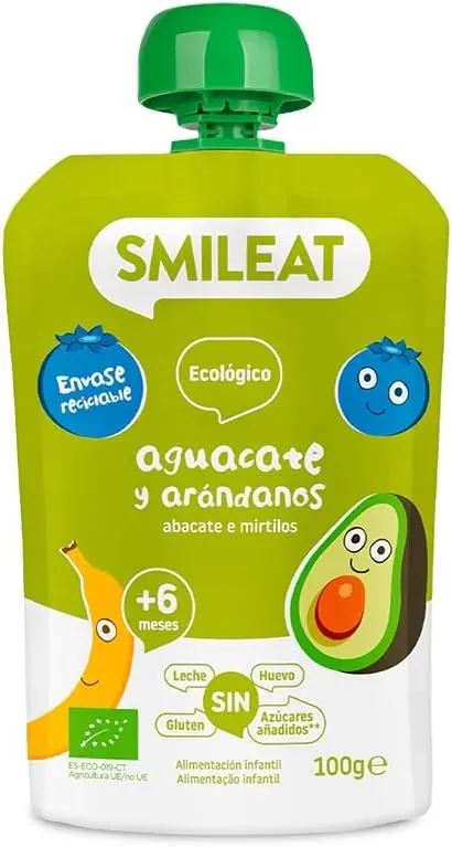 Smileat - Pouch de Frutas Ecológicas - Sin Sal ni Azúcar Añadido, Sin Gluten - Snack Práctico para Peques - Sabor a Aguacate y Arándanos