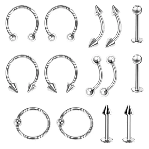 DLPRK 14 piezas Set de Piercing Nasal Acero Quirúrgico Pendientes Ceja Tragus Helix Aros Perno Nariz Helix Acero Inoxidable Rook Curvado Bolas Herradura Labio Labret Joya (1.2 * 8mm) (Plateado)