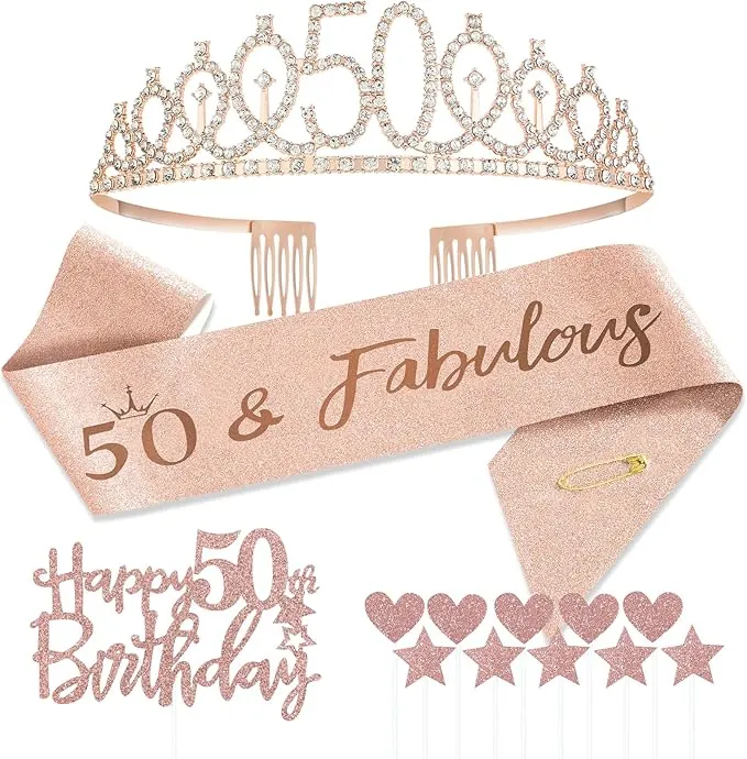 50 Años Corona Banda Cumpleaños Mujer Tiara Corona y Faja de Oro Rosa Cinturón de Cumpleaños Corona de Diamantes Topper per Torta di Compleanno 50 Regalo Mujer Cumpleaños Decoración