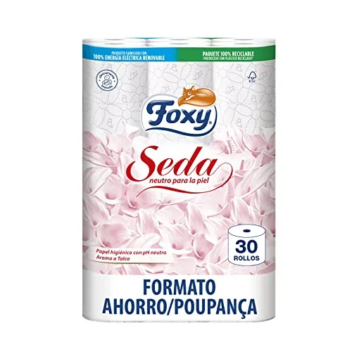 Foxy Seda | Papel higiénico 30 rollos | 173 servicios por cada rollo | Neutro para la piel | Certificación FSC | 100% Energía eléctrica renovable | Paquete reciclable producido con plástico reciclado