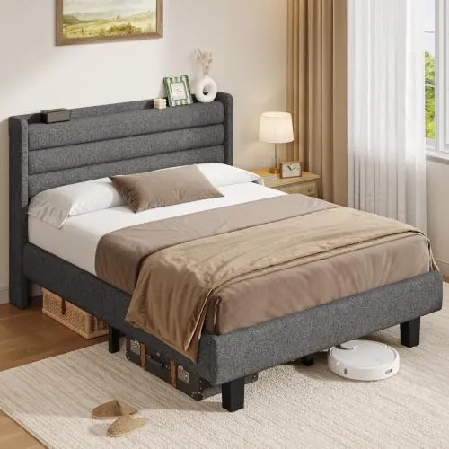 iPormis Cama Tapizada De 140 X 200 Cm, Gris Oscuro, con Cabecero Efecto Lino Y Estructura Metálica. Ideal para Dormitorios, Habitaciones De Invitados Y Habitaciones Infantiles