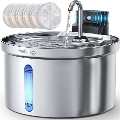 FEELNEEDY Fuente para Gatos Sin Cable con Sensor 3.5L, 6 Filtros, INOX | [Separación de Agua y Batería] Dispensador Automático de Agua en Acero Inox para Mascotas Inalámbrica con Batería 4000mAh