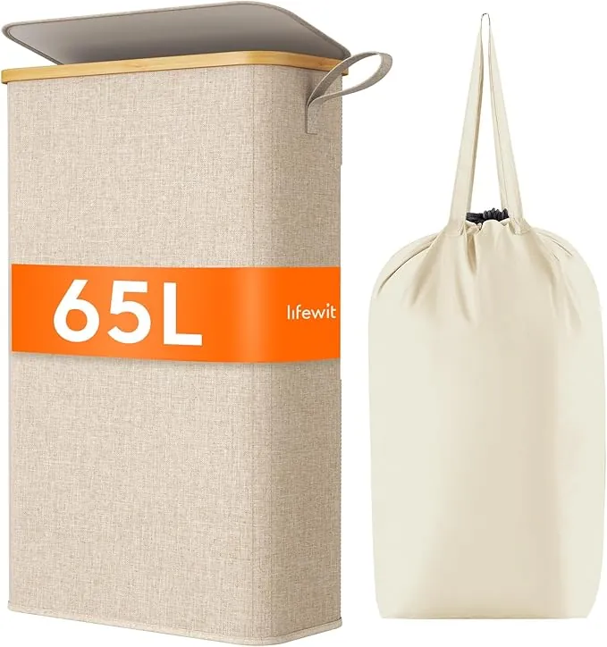 Lifewit Cesto Ropa Sucia Estrecho con Tapa 65L, Cesto de Ropa Plegable con Bolsa Extraíble y Asa, Cesta Ropa Sucia de Bambú, Cubo de Ropa para Dormitorio, Baño, Lavandería, Dormitorio, Beige