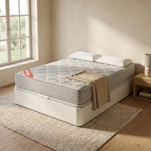 PIKOLIN Pack Colchón Viscoelástico de Muelles 150x190 + Canapé Base Abatible Blanco y Dos Almohadas de Fibra | Incluye Subida a Domicilio, Montaje y Retirada de Usado