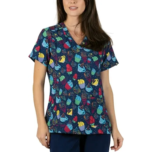 B-well Isabella Casacas Sanitarias Mujer con Elastano e Diseño, Manga Corta Cuello V para Enfermeras, Dentistas, Médicos, Estudiantes y Veterinarios, Cupcakes, L