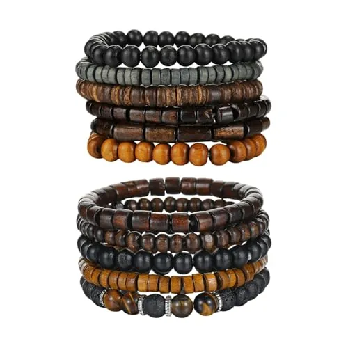 HDGSAFD 11 Piezas De Pulseras para Hombre, Pulseras De Cuentas De Madera De Piedra De Ojo De Tigre De Piedra Volcánica, Pulseras Elásticas con Personalidad De Moda, Fiestas Y Reuniones.
