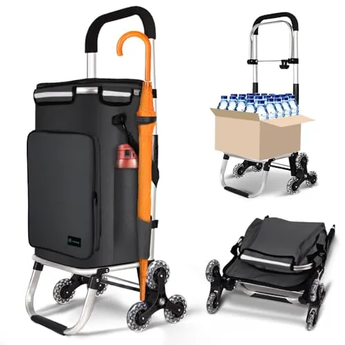 VOUNOT® Carrito Compra Plegable de Aluminio, Carro de la Compra 6 Ruedas con Bolsa Impermeable Desmontable y Ganchos, 60L, Negro