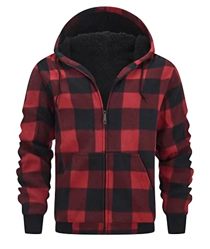 geeksport Sudadera Cuadros Hombre con Capucha Franela de Invierno Cálido Sudaderas Hombres Cremallera Forro Polar Hoodie 0569 Rojo XL