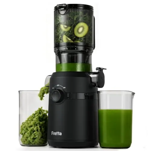 Fretta Extractor de Zumos y Verduras, Apertura de 108MM y Capacidad de 1L, Licuadora Prensado en Frio para Verduras Frutas Enteras, 200W Slow Juicer Machine, Fácil Montaje y Limpieza, Sin BPA (Negro)