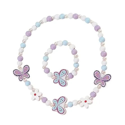 Juego de joyas para niños Azlanway de 2 piezas – Collar y pulsera de madera con diseño de mariposa, joyería elástica para niñas, accesorios coloridos para cumpleaños, fiesta, disfraz y regalo