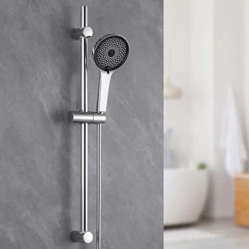 Auralum Barra de Ducha de Acero Inoxidable 70 cm con Alcachofa de Ducha 5 Funciones, Soporte Ajustable y Manguera Inoxidable 150 cm, Columna Ducha sin Grifo Compatible con Orificios Existentes, Cromo