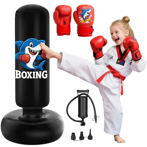 Qoosea Saco de Boxeo Niños 3-8 Años, 130cm Saco de Boxeo de Pie con Bomba de Aire y Guantes de Boxeo, Bolsa de Boxeo Inflable Estable para Karate, Kickboxing, MMA, Regalo Ideal para Niños y Niñas