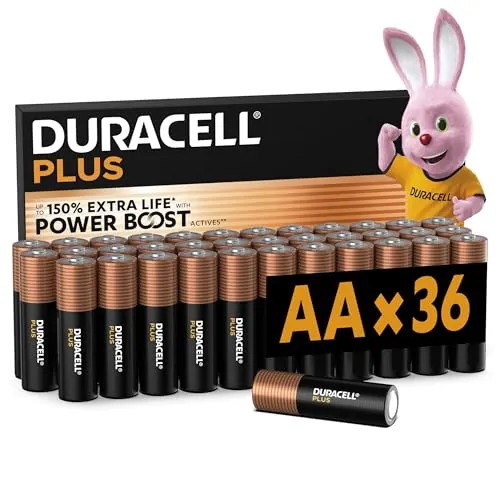 DURACELL Plus Pilas AA (Paquete de 36) – Pilas alcalinas 1,5 V – Hasta un 150 % de duración extra con activos POWER BOOST–Fiabilidad para dispositivos cotidianos–Envase con 0 % de plástico–MN1500